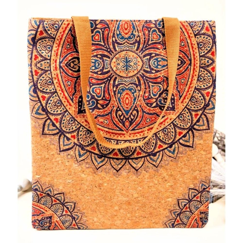 Tote Bag. Cork. Tan, Blue, Red, Mandala Pattern. NWT.